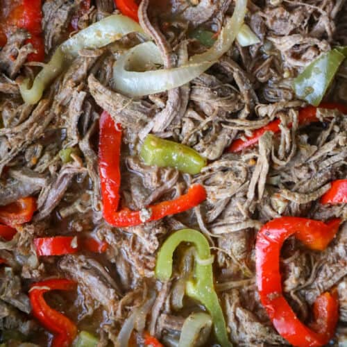 close up image of ropa vieja in a saute pan