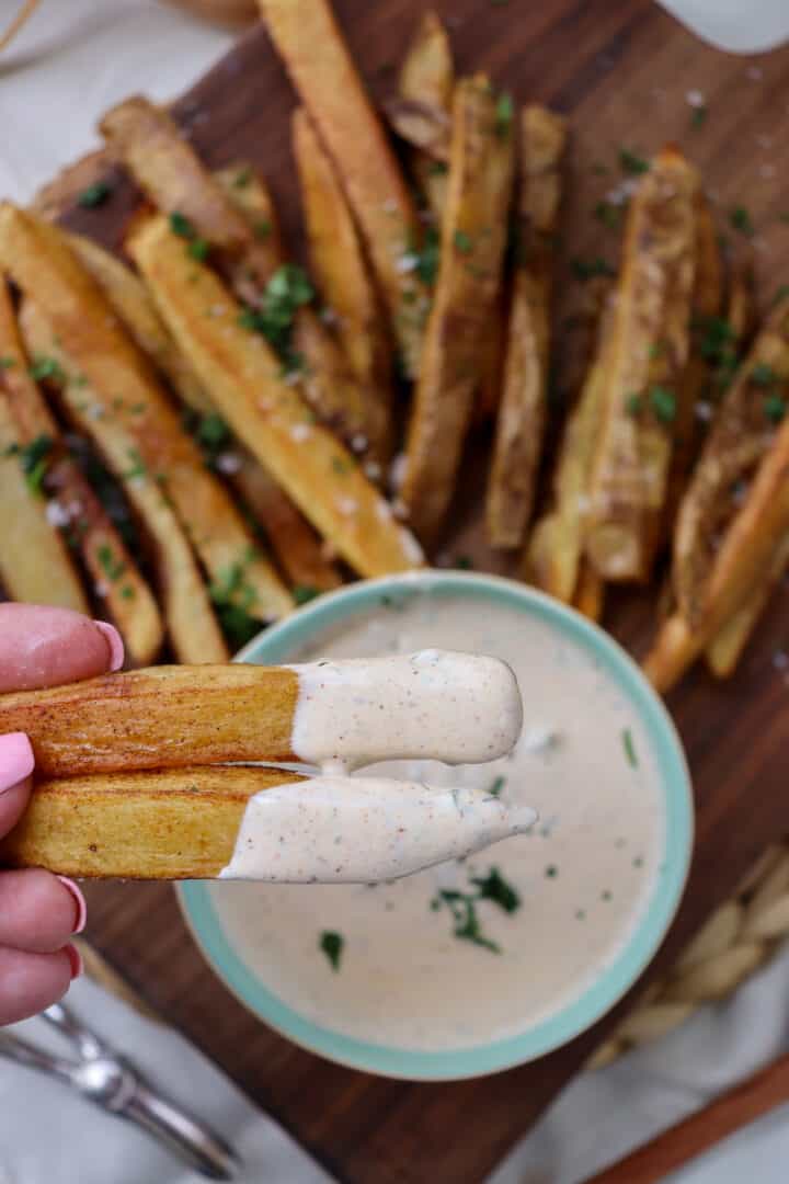 french fries dipped in blackened ranch