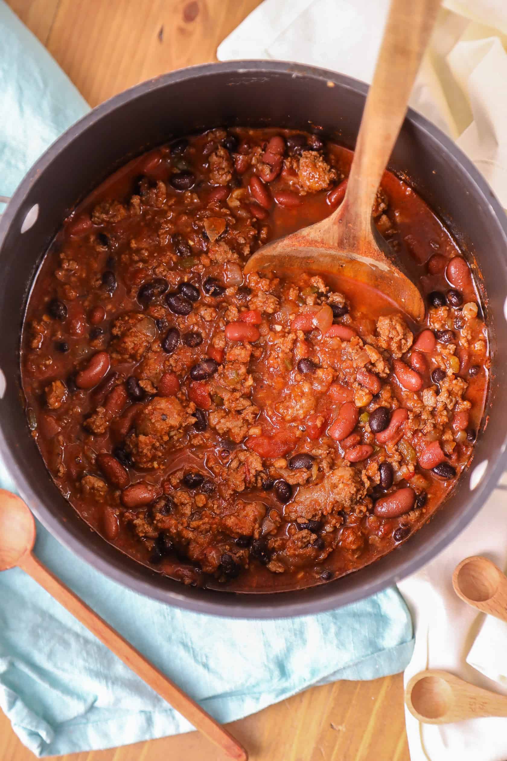 chorizo beer and beef chili in a dutch pot