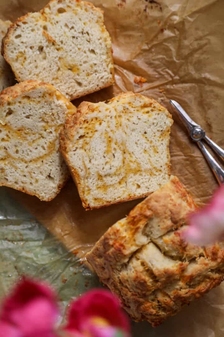 Close up shot of cheesy beer bread slice